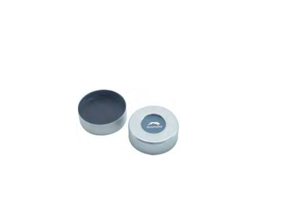 Picture of 20mm Aluminium Crimp Cap (Silver), Open Hole, with Pre-fitted PTFE/Grey Butyl Septa. 3mm, (Shore A 50)